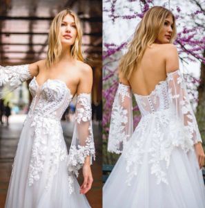 Pallas Couture Beach Gelinlik Sevgilim Dantel Aplikler Gelin Gowns Özel Yapımı Ayrı Kollu A-line Gelinlik