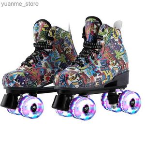 Satır içi patenler yetişkin unisex pu deri grafiti roller patenler ayakkabı patines kayan sline dört patinaj spor ayakkabı eğitimi 4 flash jantlar y240410