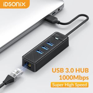 Hubs IDSONIX 1000MBPS Ethernet USB 3.0 Hub com RJ45 Splitter USB Splitter Multi Port Data Adapter Expander para Laptop Computer PC Acessórios