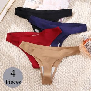 Kadın Külotları Sıcaklıklar 4pcs/Set Seksi Kadınlar İpek Saten Kadın Tangalar İç çamaşırı yumuşak rahat iç çamaşırı G-Stringler Dikişsiz Spor T-BACK