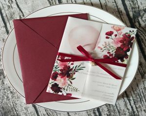 Novo convite de casamento translúcido em impressão personalizada da Borgonha com fita de strass e envelope pérola Diy Vellum Wrap Quinceane3920981