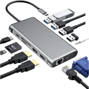 Станции 12 в 1 USB C Hub Dual Monitor Adapter Adapter Laptop Hub USB C до 2 HDMI 4K+VGA+Ethernet+100W PD+4USB+Audio для MacBook Pro OTG
