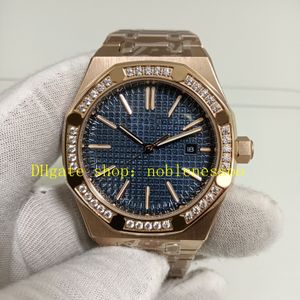 Gerçek Fotoğraf Erkekler İçin Otomatik Saatler 41mm Mavi Kadran 15400or Diamond Çerçeve Gül Altın Şeffaf Arka Mens Mekanik Spor İzle Bilek Swatches