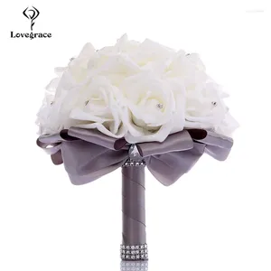 Düğün Çiçekleri Lovegrace Beyaz Köpük Güller Gelin Nedime Buketleri İpek Rhinestone Mariage Ev Çiçek Dekor Buket