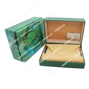 Yeşil deri kasa, kağıt torba, sertifika ve hediye çantası ile otantik Rolex Saat kutusu seti - erkek ve kadın saatleri için ahşap lüks ambalaj