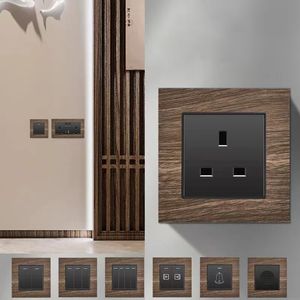 Danni UK Plug Plug Dual Usb Phone de carregamento, Retro Wood Grain Alterning Light Switch International USB Wall Socket AC110V-250V