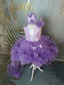 2024 Güzel Mor Balo Gowns Prenses Çocuklar Gelinlik Kelebek Aplikler Kız Pageant Elbise Tül Çiçek Kız Elbise Kızlar İçin Aplike Pageant Elbiseler