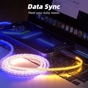 3-в-1 6A 66W RGB Super Fast Garging Cable Type-C Micro USB-зарядное устройство кабель проход Cool Clofful Glow Data Line для iPhone Android