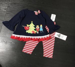10 set lot 12m6x nadir baskılar çocuk giyim setleri Noel ağacı kız kırmızı şerit bluz ve pantolon yeni yıl kıyafetleri2652158