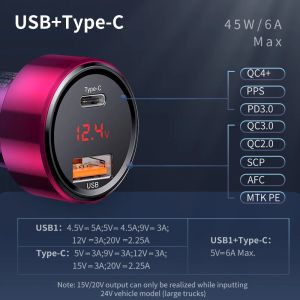 Baseus 45W Araç Şarj Cihazı QC 4.0 3.0 Xiaomi Huawei Supercharge SCP SAMSUNG AFC Hızlı Şarj Hızlı PD USB C Taşınabilir Telefon Ücreti