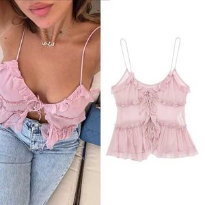 Женские танки Camis traf Cami Top Женская летняя черно розовый камизол 2023 Женская рукавочная рукавочная рубашка видовать в топ с сексуальным майком Camis J240409