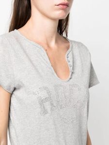 2024 Fransız moda markası zv yaz yeni Fransızca stil u boyun kadın t-shirt en iyi klasik mektup rock sıcak elmas pamuk gri ince fit kadınlar kısa kollu t-shirt
