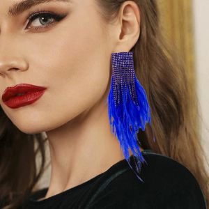 Brincos Dangle Juran Exagerate Blue Crystal Rhinestone Feather Big For Women 2024 Trend French Style Banquet Party Jewelry Wholesale