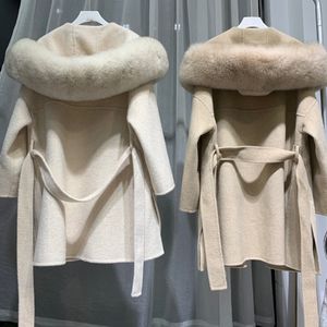 Kadınlar İçin Ceketler 2023 Kış Yünlü Ceket Kapşonlu Onurlu Lüks Moda Moda Ayarlanabilir Bel Fox Fur Çıkarılabilir