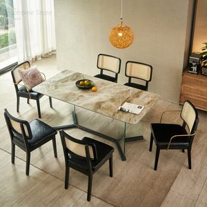 İtalyan Arduvaz Küçük Daire Yemek Masaları Modern Örnek Madde Ahşap Yemek Sandalye Rattan Yemek Odası Masa Sandalye Set Mobilya