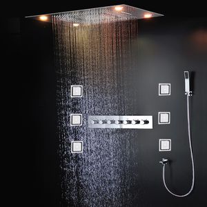 hm lüks tavan led duş muslukları banyo masaj şelale yağış duş başlığı banyo termostatik mikser gövde jet seti