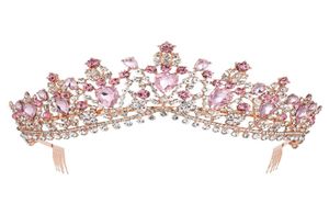 Barok Gül Altın Pembe Kristal Gelin Taç Taç Taramalı Pageant Prom Rhinestone Peçe Tiara Head Band Düğün Saç Aksesuarları Y5920531