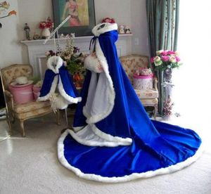 Королевский синий рождественский свадебный плащ для свадьбы зимний свадебный плащ 96 -дюймовый атлас с белой меховой отделкой.