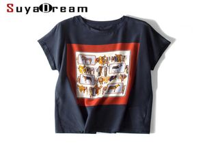 Женская футболка 100 настоящая шелковая передняя печать рубашка с короткими летучими мышами повседневная o Шея