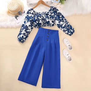 Детская повседневная одежда наборы для девочек Осенний ребенок синий цветочный принт спереди спереди короткие кнопки