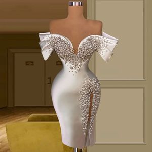 Роскошная оболочка белые короткие свадебные платья платья с бусинки жемчужины Стиловые официальные платья для вечеринок vestidos longo rabes de soiree