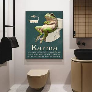 Lustiger Frosch sitzt auf Toilettenkarma Zitat Poster Leinwand Malerei Toilettenpapier Retro Wandkunst für Badezimmer Waschraum Wohnkultur