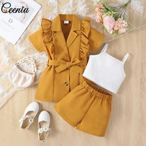 Giyim Setleri Ceeniu 4-7y Çocuk Elbise Kızlar için Blazer Ruffles Coat Camisole Üst Kahverengi Pantolon Yaz Çocuk Giysileri