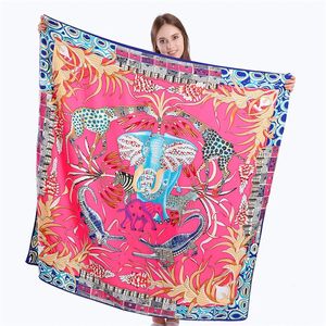 POBING 100% Sarra de lenço quadrado de seda animais impressos mulheres lenços de girafas pescoço espanhol foulards cachecol grande bandana 240411