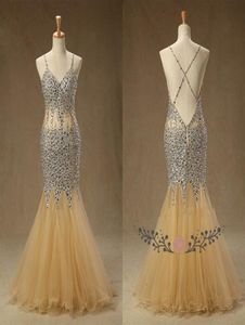 Işıltılı şampanya deniz kızı ucuz balo elbiseleri bling kristalleri ile boncuklu sırtsız uzun tül bel yoluyla gör