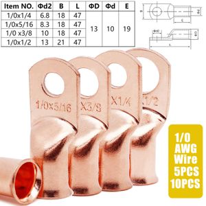 5/10pcs Pil Kablosu Bakır Bakır Tübüler Halka Terminalleri Kesme Teli Ağır Hizmet R LUGS 1/0 AWG 1/4 