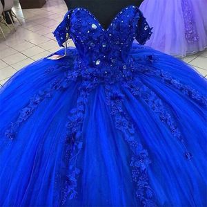2024 Kraliyet Mavi Balo Elbise Quinceanera Elbiseler Gelin Gowns Kristal Boncuklar Korse Geri Tatlı 16 Elbise Zemin Uzunluğu Tül Dantel Uygulama