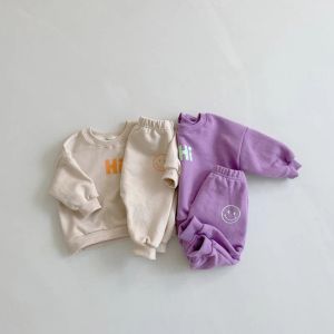 Штаны 7595 детская одежда набор 2021 весна и осенние мальчики костюма Smiley Face Sweatershirt+Спортивные штаны Девушка Двух Костюм Школа Unifor