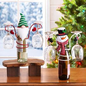 Noel Baba Şarap Şişesi ve Cam Tutucular Döner Şişe Standlar ve Bar Şarap Mahzeni Dolabı İçin Çift Bardaklar Tutar