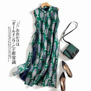 Рыбное клетчатое принт винтажный хлопковой льняной белье oneck без рукавов Aline Ship Женские платье корейская мода в середине кальки для женщин 240412