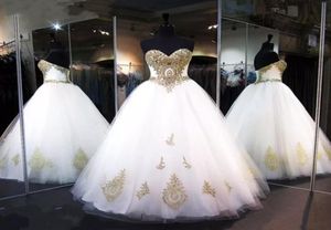 Beyaz ve Altın Gelinlik Gerçek Görüntü Yeni Lüks Kristaller Rhinestone Sweetheart Aline Tül Gelin Gowns Vestios De Evlilik 1263782