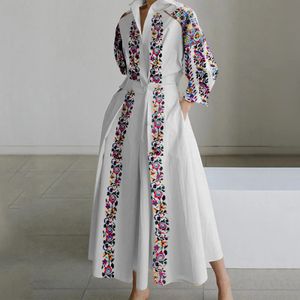 Zarif etnik stil uzun gömlek elbise yaka çiçek baskı cep bir düğme standı yakalı kol yaz vintage elbiseler 240412