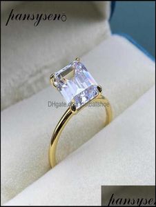 Solitaire Ring Halkalar Takı Pansysen Whiteyellowrose Altın Renk Lüks 8x10mm Emerald Cut AAA Zircon Kadınlar için 100 925 Sterlin5731726