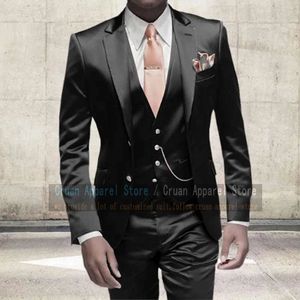 Erkekler için lüks parlak siyah takım elbise parti düğün damat damat takım elbise smokin 3pcs moda altın blazer yelek pantolon seti 240412