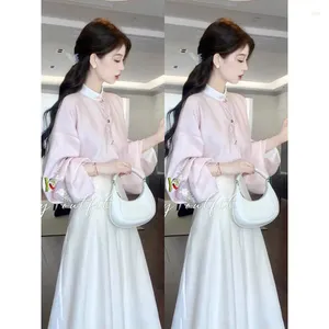 Мужские брюки 2024 китайский стиль весенний розовый рубашка высокая талия наполовину носить два куски женских наборов