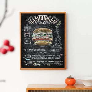 Retro Art Hamburger Pizza Biftek Yemek Tarif Menüsü Poster Tuval Mutfak Restoran Dekorasyonu için Duvar Resimleri