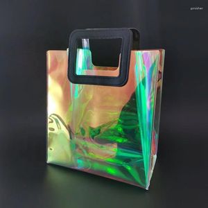 Depolama Çantaları Üst Nominal PVC Plastik Hologram Bag Holografik Makyaj Avrupa Tote Kadınlar İçin Yeniden Kullanılabilir Alışveriş Çantası Çevre Dostu