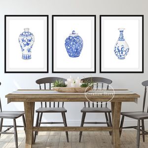 Aquarellginger Jar Vase Chinesische Style Poster Print Ming Porzellan Blau -weiße Leinwand Malerei orientaler Kunstraum Wohnkultur