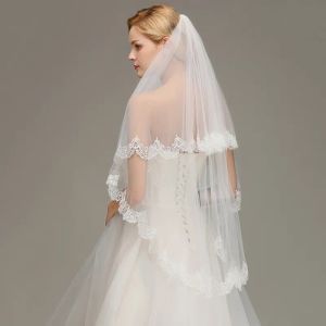 Veu de Noiva Bridal Veils аппликации края белая слоновая кость короткая свадьба с расчесыванием два слоя