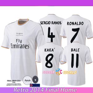 Retro 2014 Final Lisbon Sergio Ramos Jersey de futebol Modric Isco Real Madrid Home Camisas brancas Bale Marcelo Benzema Ronaldo Uniformes