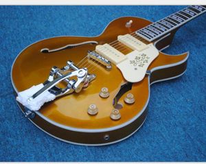 Scotty Moore ES295 Altın Üstü Goldtop Elektro Gitar Çift P 90 Pikap Bigs Tailpiece Split Paralelkenar Kakma Tarihi Çiçekler6233130