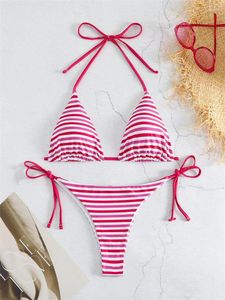 Kadın Mayo Halter Bikini Mayo Kadınlar 2024 Kırmızı Stripe Push Up Sutyen Yüzme Takım Yaz Kesme Dantel Beach Bathing Suits Suits Thong