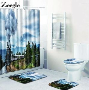Banyo Paspasları Zeegle 4pcs Mat Seti ve Duş Perdesi Kancalar Anti Tuvalet Anti Tuvalet Kaidesi Halı Emici Yumuşak Ayak Yıkanabilir