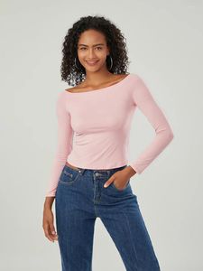Kadın Tişörtleri Omuz Kapalı Kadınlar Uzun Kollu İnce Fit Tekne Boyun Gömlek Y2K Sıkı Sıkı Tee Sıradan Pullover Tshirts