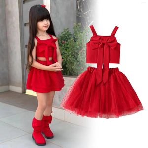 Giyim Setleri 2024 Çocuk Kızlar Giysileri Sevgililer Günü Kıyafetleri Set Kırmızı Kız Kız Etek Elbise Mahsul Üstleri Yay Mesh Tutu etekleri 1-6y