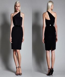 Klasik 2020 Bir Omuz Diz Uzunluğu Kokteyl Elbiseleri Ucuz Kılıf Fermuarı Sırp Siyah Siyah Saten Parti Önlükleri Kadınlar İçin Custom6721514